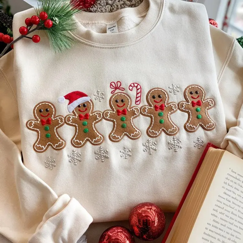 [Made in US] Embroidered Christmas Gingerbread Cookies Sweatshirt, Festive Holiday Outfit, Womens Xmas, Gingerbread Christmas Sweatshirt Crewneck