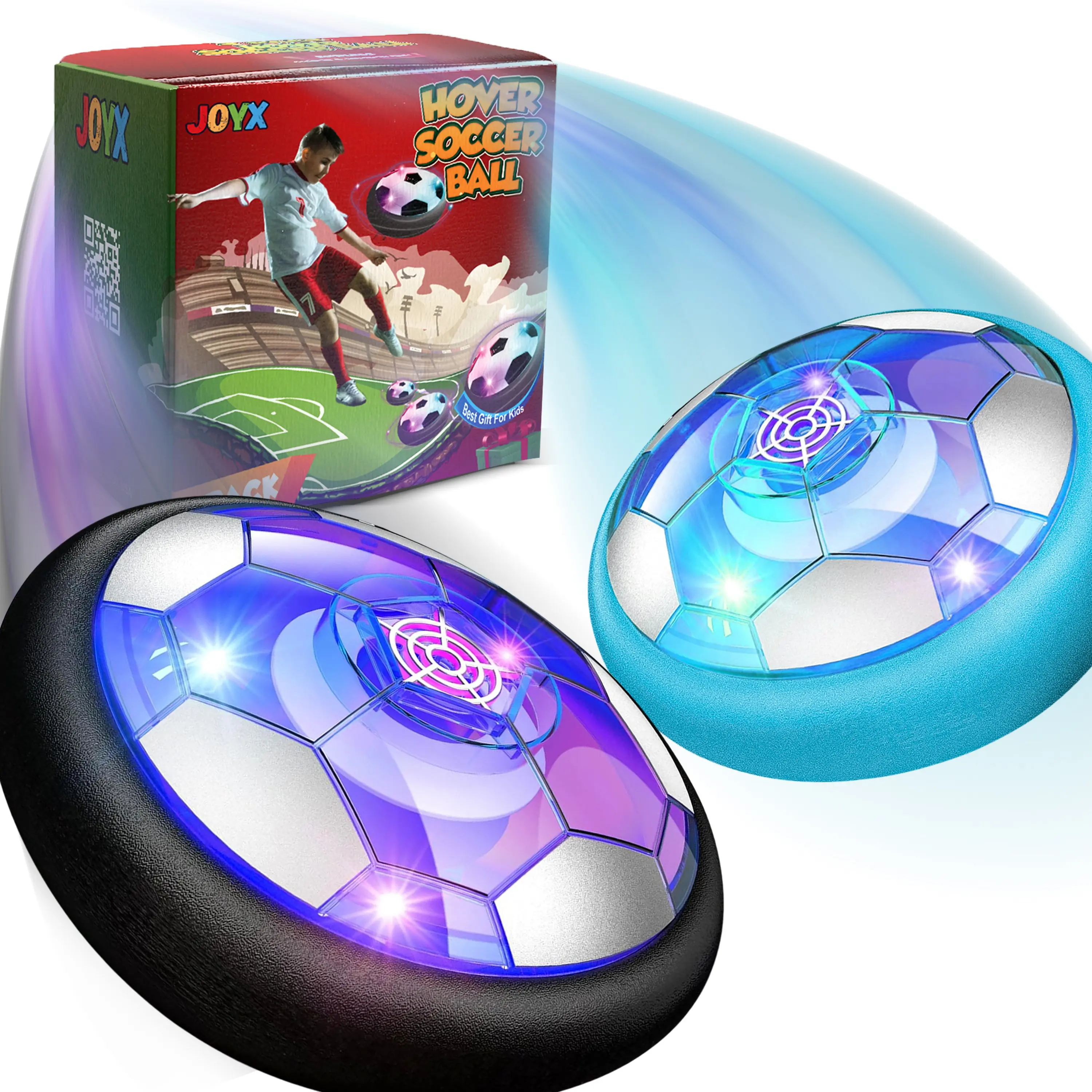 JoyX Rechargeable Air Hover Soccer Balls for Kids - Indoor Games with LED Lights & Foam Bumpers, 2 Pack, Black & Blue