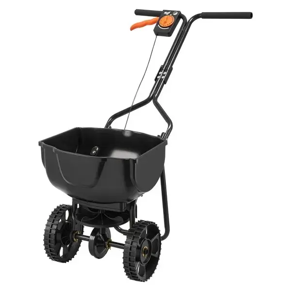 Walk-Behind Spreader, 9.8ft Spreading Width, Push Broadcast Spreader with 10" All-Terrain Tires, Adjustable Flow Control, 15lbs Capacity Hopper, Lawn Spreaders for Fertilizer Seed Small Home Use