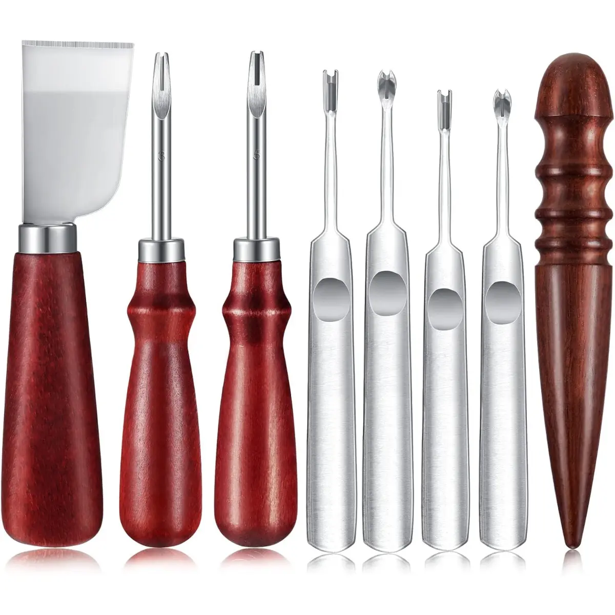 8-Pcs Leather Crafting Tools Set - Durable Steel Tools with Edge Chamferer, U/V Shaped Groovers, Marking, Cutting, Polishing, Firing Functions, Light and Portable for Leathercraftsmen, Belts Production & Finishing