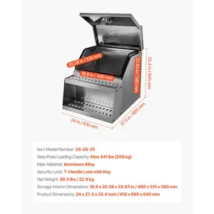 VEVOR Semi-Truck Step Tool Box, 24x 27.5x 25.4 Heavy Duty Aluminum Toolbox Side Mount, Waterproof Side Storage Saddle Step Box with T-Handle Lock Keys for Semi Trucks, Flatbed Trailers