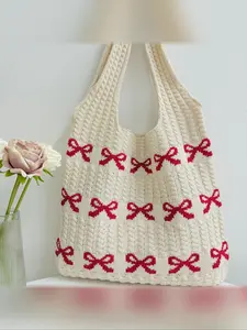 Handmade Knitted Bag for Women with Bow, Casual Shoulder Tote for All Seasons, Crochet Everyday Accessories