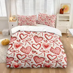 Romantic Theme Print Comforter Set, Including Comforter Set and 1/2 Coreless Pillowcase, Featuring Love Heart and Red Bow Pattern, Soft and Comfortable For All Seasons, Soft Bedding Sets