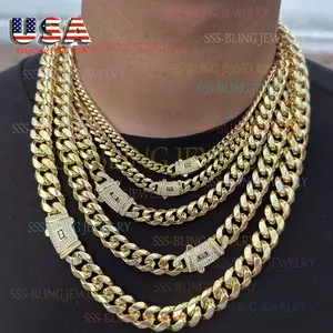 Womens Mens Fashion Diamond Necklace Jewelry,14K Gold Plated Cuban Link Chain Buckle Clasp Necklace Widths 6-14mm Lengths 20-30"