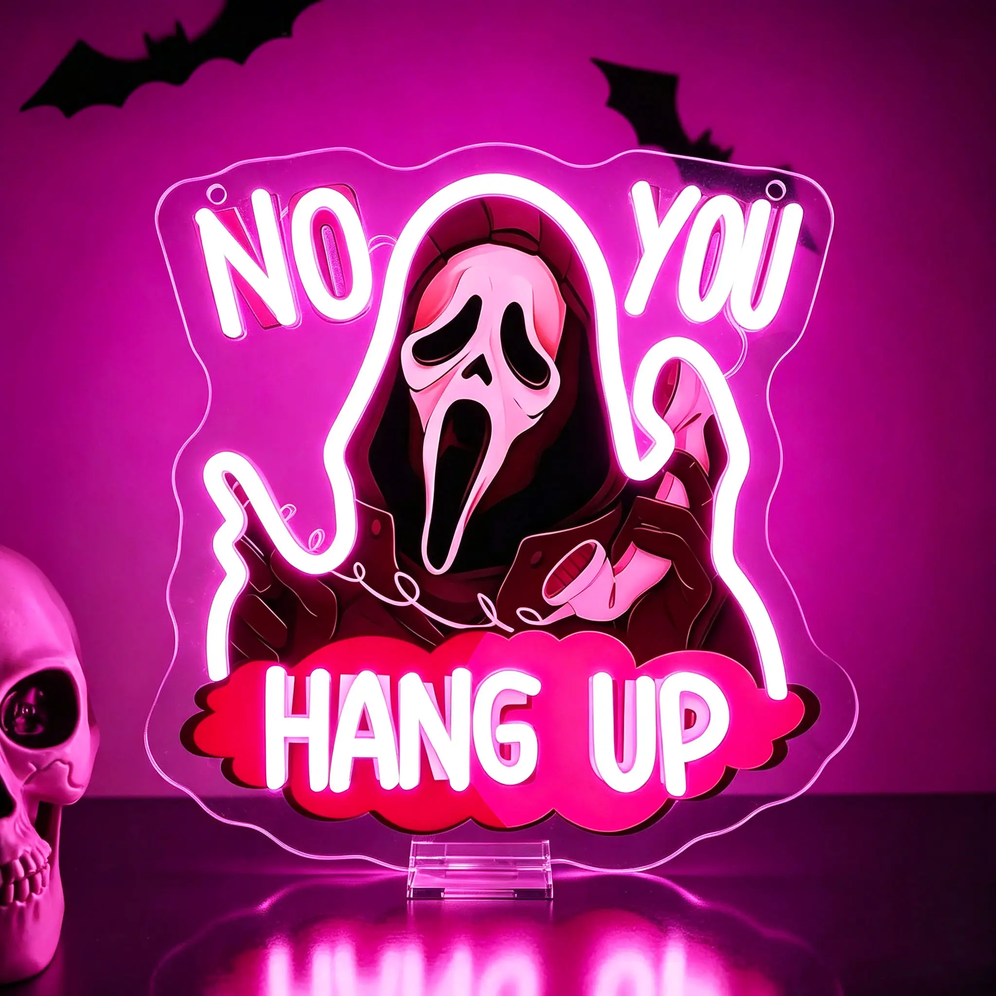 No You Hang Up Halloween Ghostface Mask Neon Sign, Halloween Skull Neon Light USB Powered, for Halloween Party Spooky Decor Neon Horror Decor Horror Movie Sign Halloween Gifts，Dimmable