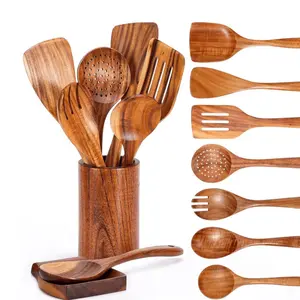 11pcs Wooden Utensil Set with Holder & Rest