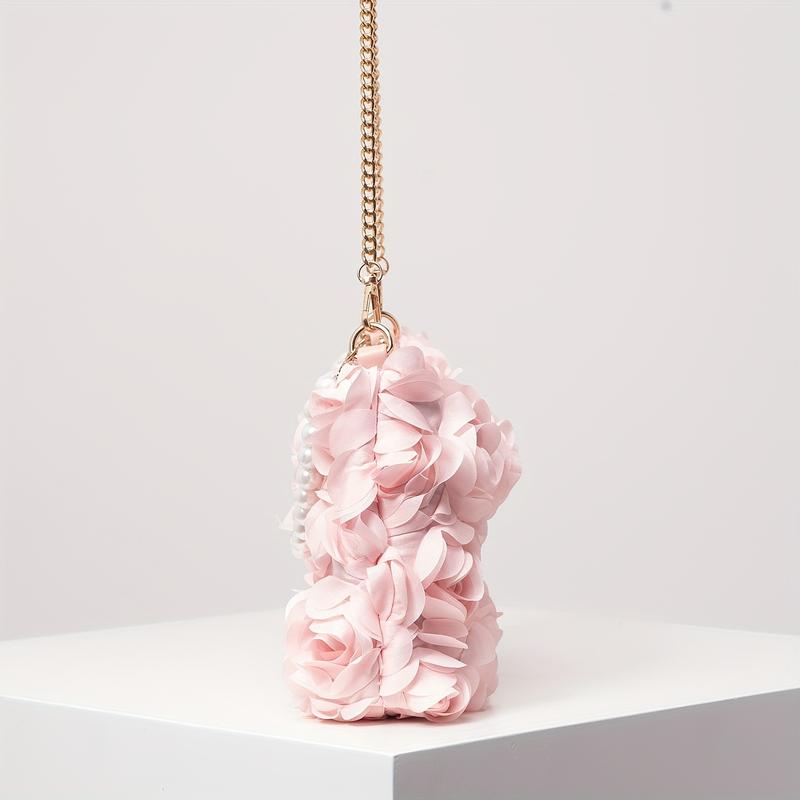 [Wedding Accessory] Elegant Rose-Embellished Crossbody Bag with Faux Pearl Accents - Sweet Pink Floral Evening Clutch, Ideal Valentine's Gift for Women, Polyester Lining, Zip Closure, Wedding Gifts