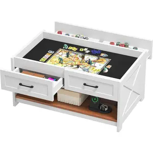 DWVO Farmhouse Board Game Coffee Table: 3-in-1 Puzzle Living Room Table with 4 Drawers, Play Mat, Power Outlet, Removable Top Walnut