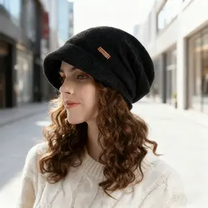 Winter fleece-lined slouch hat, unisex, outdoor warm pullover hat, wide brim, makes face look smaller, ear-covering stylish hat.