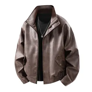 Men's Fashion Motorcycle Leather Jacket, Stand Collar Casual Coat for Fall & Winter, Smooth Texture Slim Fit Durable Outerwear