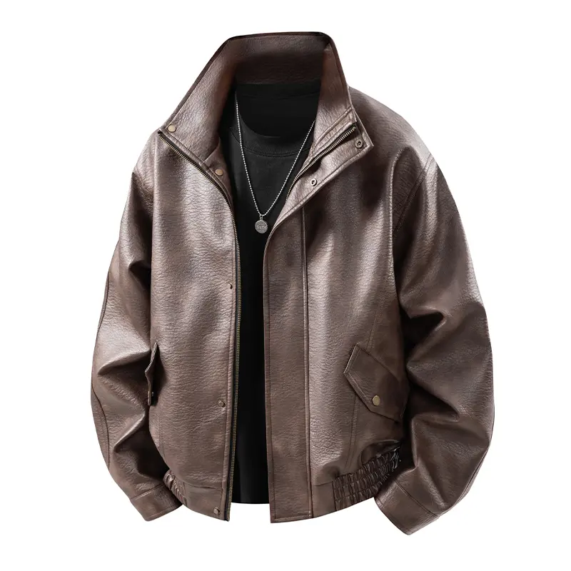 Men's Fashion Motorcycle Leather Jacket, Stand Collar Casual Coat for Fall & Winter, Smooth Texture Slim Fit Durable Outerwear