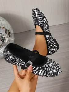 Women's Sequined Round Toe Wide Width Flat Shoes, Fashion Shiny European Outdoor Non-Slip Comfortable Soft Sole Slip-On Flats