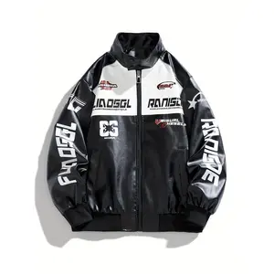 NewMen'S Trendy Faux Leather Racing Jacket - Black & White, Windproof Stand Collar, Zip-Up with Zipper Pockets, Stylish Motorcycle Gear for Spring & Fall, Casual Attire Jacket| Stylish Stand Collar| Zippered Jacket