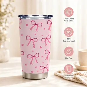 Pink Bow Coffee Tumbler for Women 20oz, Cute Pink Insulated Cup with Lid, Stainless Steel Tumblers for Women Travel Mug
