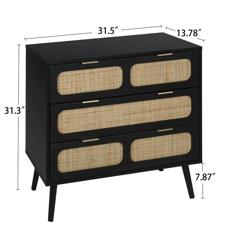 Giratree 3 Drawer Dresser, Modern Rattan Dresser Chest with Wide Drawers and Metal Handles, Farmhouse Wood Storage Chest of Drawers for Bedroom, Living Room, Hallway, Entryway