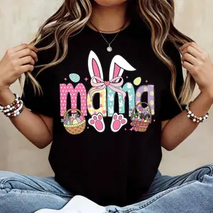 Spring Celebration T-Shirt Featuring Easter Bunny Ears Basket and Paw Prints for Moms