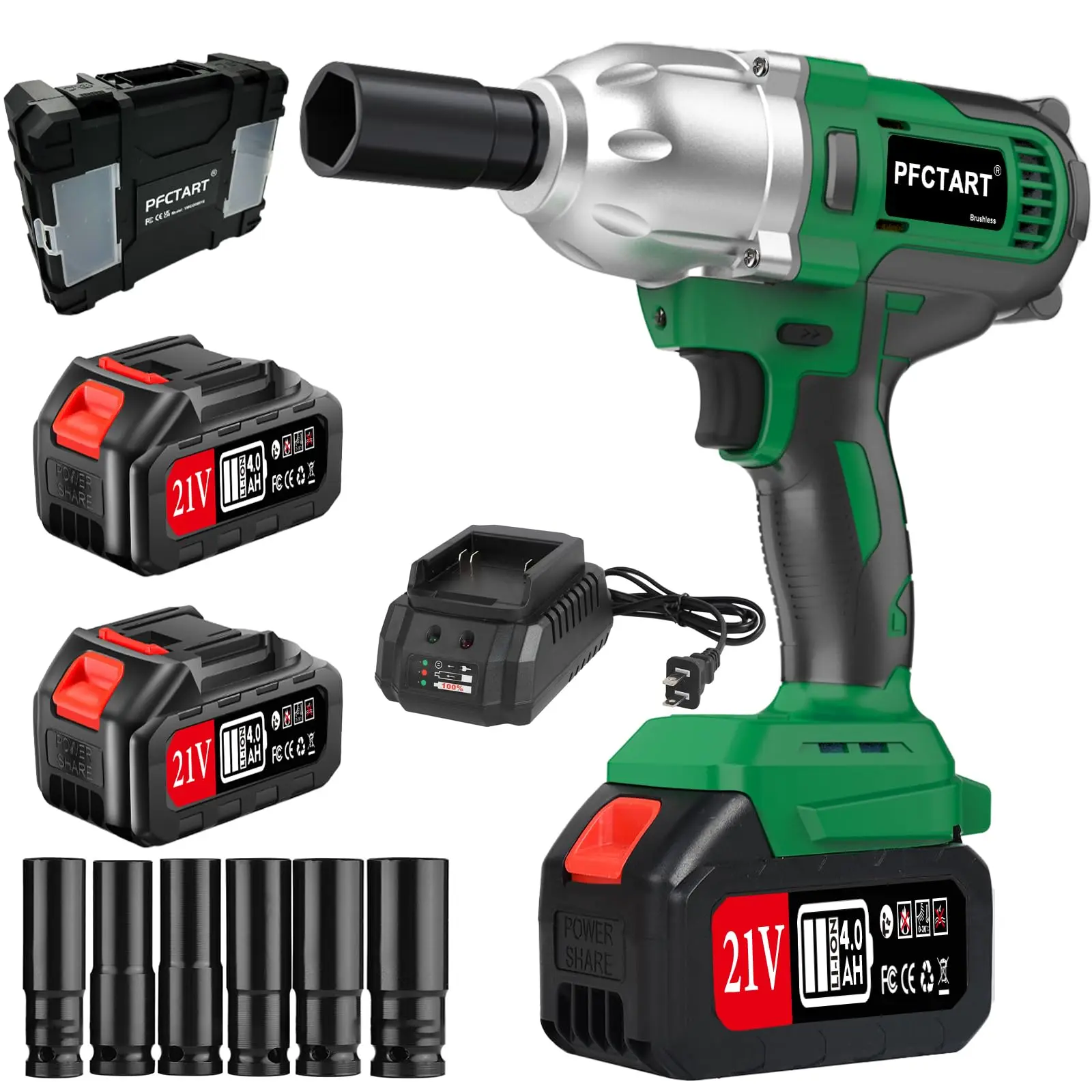 1/2 Inch 800Nm Brushless Impact Wrench Kit, 2x4.0Ah Batteries, 6 Sockets, Storage Tool Box for Car Tire Truck RV