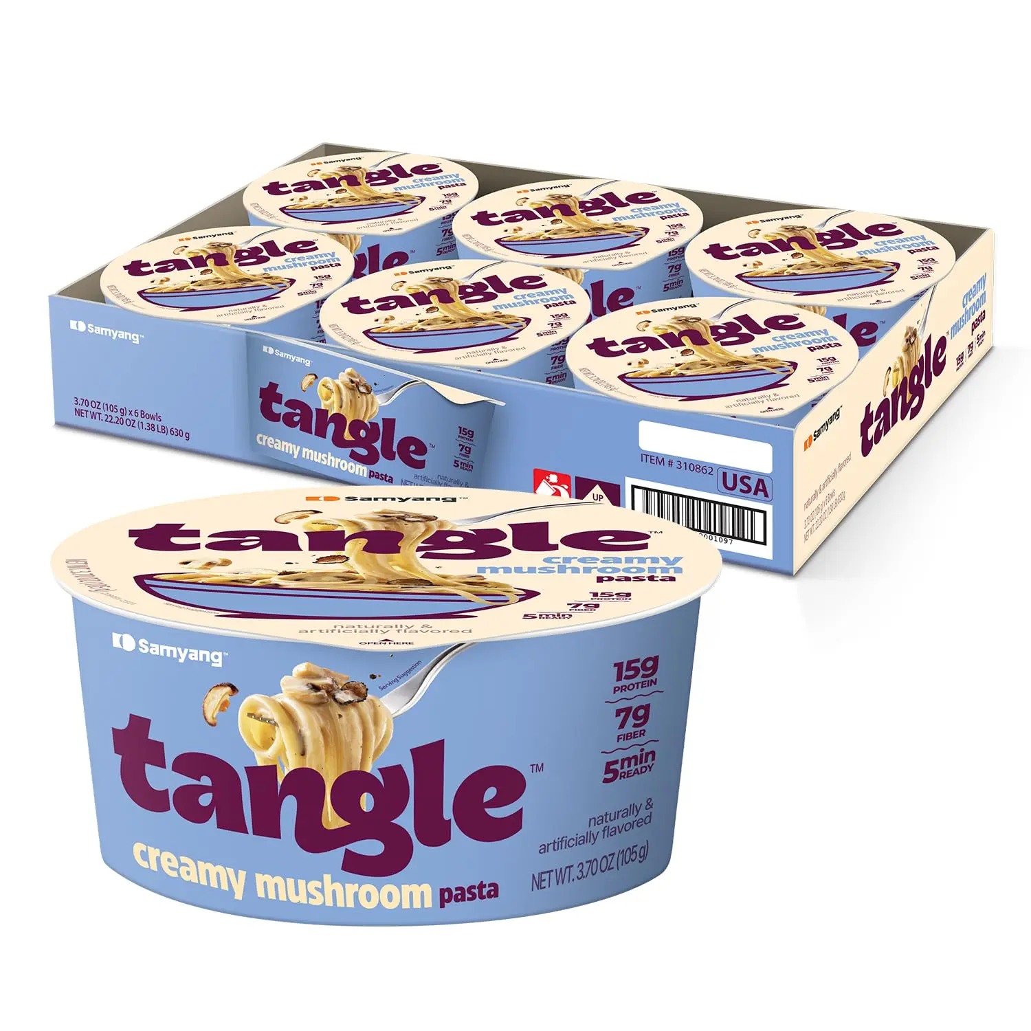 Tangle Creamy Mushroom Instant Pasta Bowls, Truffle & Shiitake Cream Linguine, 15g Protein & 7g Fiber per Serving, Non-Spicy, 6 Microwave-Ready Bowls