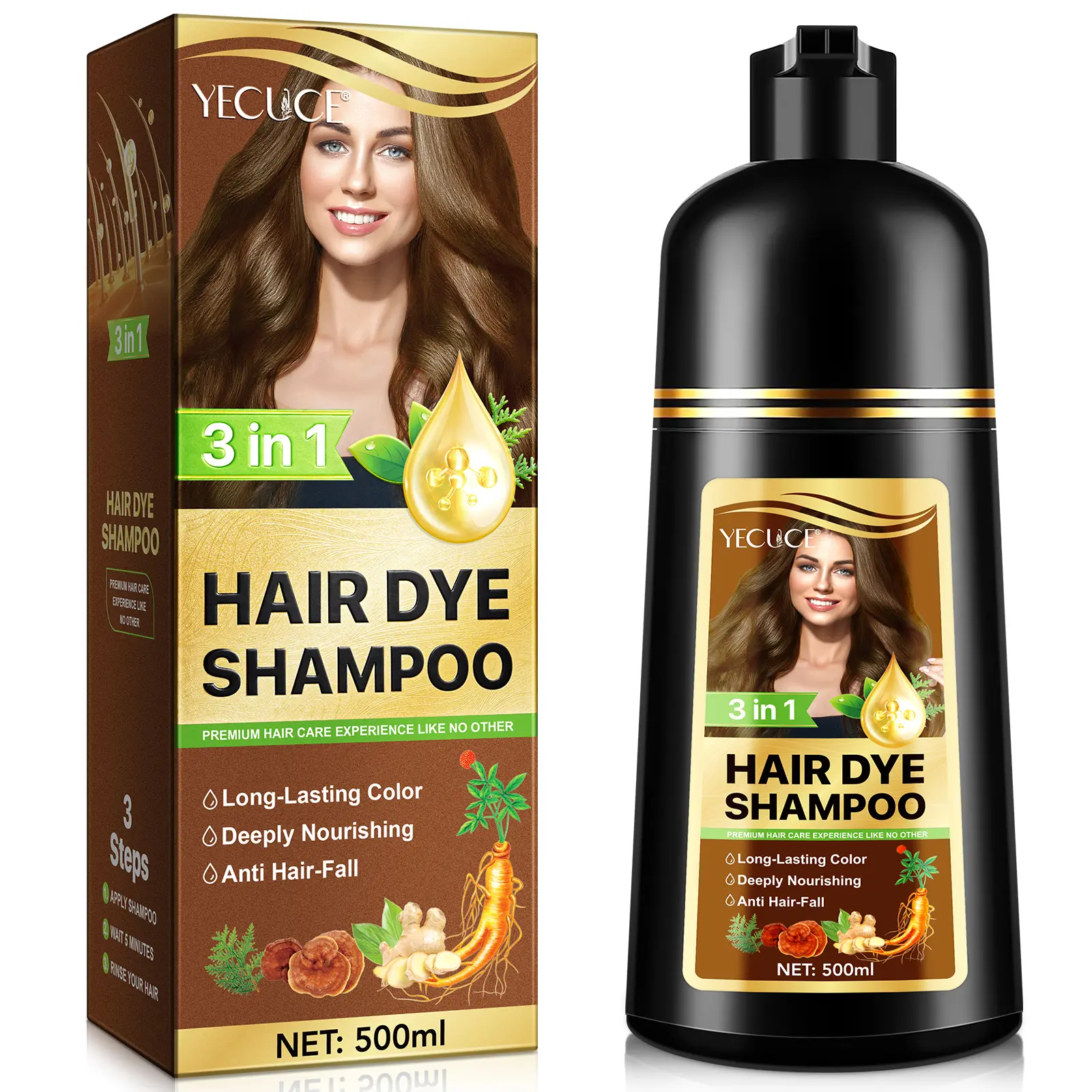 YECUCE 3 in 1 Hair Dye Shampoo 500ML, Herbal Ingredients for All Hair Types, Non-Irritating Formula, Durable Color and Deep Moisturization