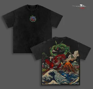 GroudonKyogreRayquazaPokemon Anime Double Printed Vintage Washed Tee Unisex Oversize Heavyweight Cotton T-shirt for Anime Fans and Lovers