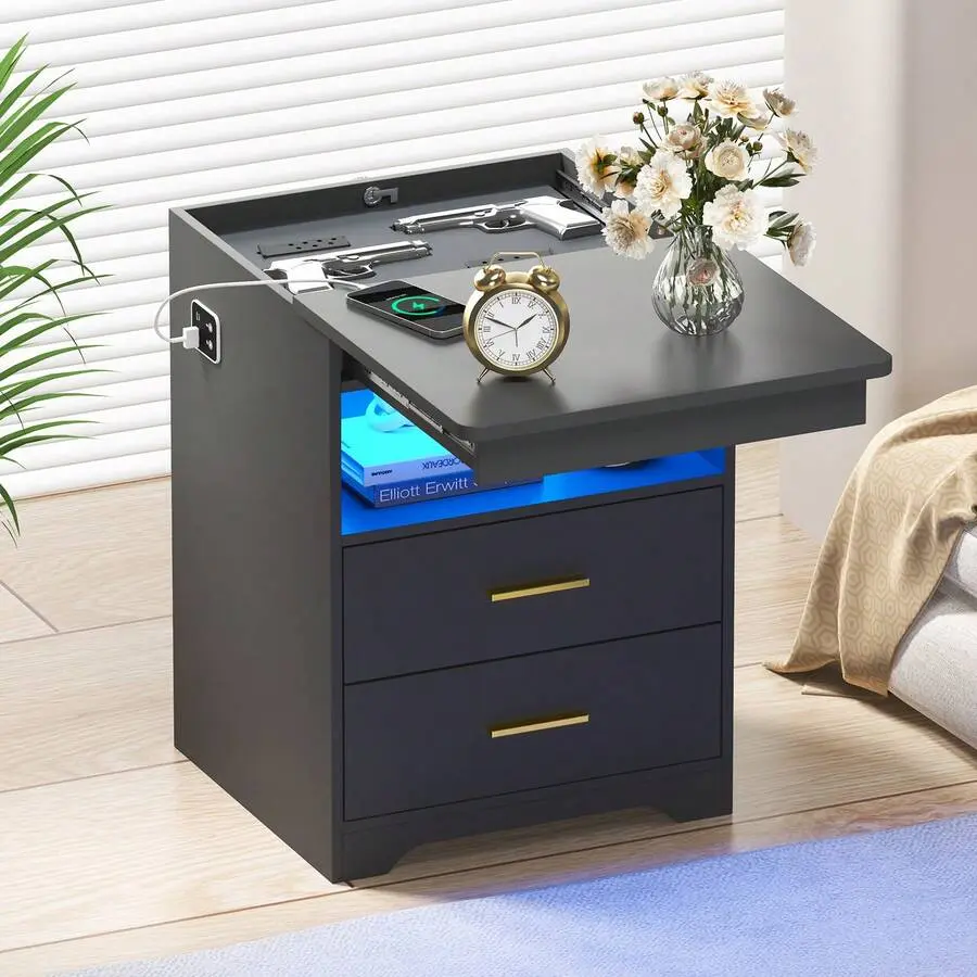 Classic LED Nightstand with Wireless Charging Station, High-Gloss 3-Drawer Smart Bedside Table, USB/Type-C Ports, Human Body Induction, 20 Color Light Modes, Mirrored Console with Inlay Marble (Black/White) for Bedroom