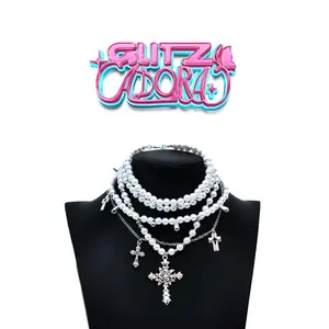 Glitzadora Multi-Layer Pearl & Diamond Cross Choker  | Gothic Baroque Lolita Jewelry