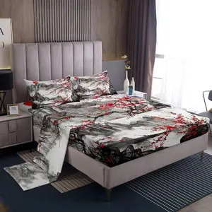Cherry Blossoms Sheet Set,Japanese Style Sheets for Boys Girls,Fuji Mountain Decor Home Decor Bed Sheets Set,Red Sun Ink Painting Down Bedding Set
