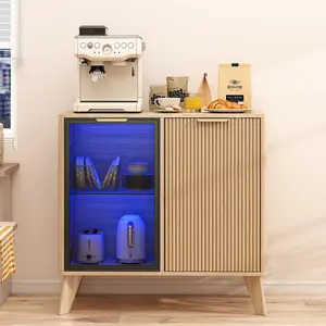 Fluted Buffet Cabinet with Storage, Small Coffee bar Cabinet with Adjustable Shelf for Kitchen, Wood Buffet Cabinet Sideborad with Glass Door, Buffet Storage Cabinets for Living Room