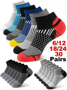 30 Pairs Men's Short Socks, Activewear Athletic Breathable Mesh Knit, Striped and Geometric Patterns, Soft Comfort, Odor-Resistant, Sweat-Absorbent, Fashionable