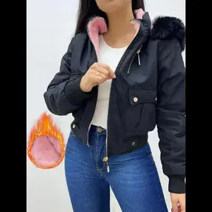 Women's Contrast Faux Fur Trim Hooded Thermal Lined Jacket, Casual Long Sleeve Button Pocket Zip Up Outerwear for Fall & Winter, Women's Clothes for Daily Wear Womenswear Coats Pink Tops
