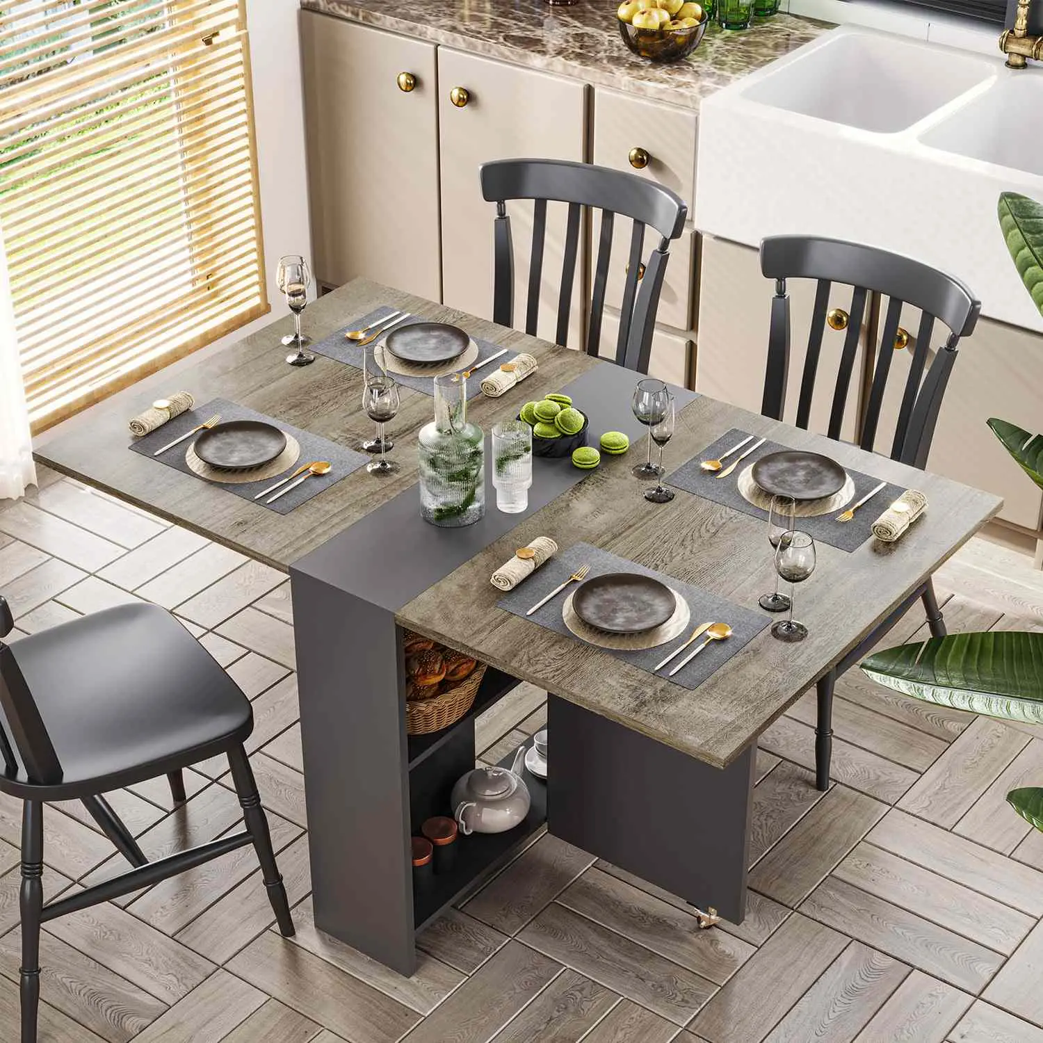 SIKAIC Foldable Dining Table - Chestnut and Grey Drop Leaf Table with Storage Shelf, Modern Space-Saving Furniture for Kitchen and Dining Room