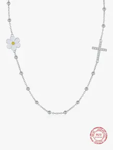 925 Sterling Silver Daisy & Cross & Beads Decor Necklace, Rhinestone Decor Fashion Jewelry for Party, Daily Clothing Decor, Trendy All-match & Exquisite Jewelry for Birthday Gift