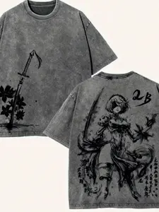 NieR:Automata Men'S & Women'S Anime 2B Character Sword & Floral Print Wahsed T-Shirts, Hoodie - Pure Soft Breathable Retro Streetwear Hip-Hop Style Casual Tee with Japanese Manga Graphic, All-Season Fit for Conventions & Casual Attire ZSG