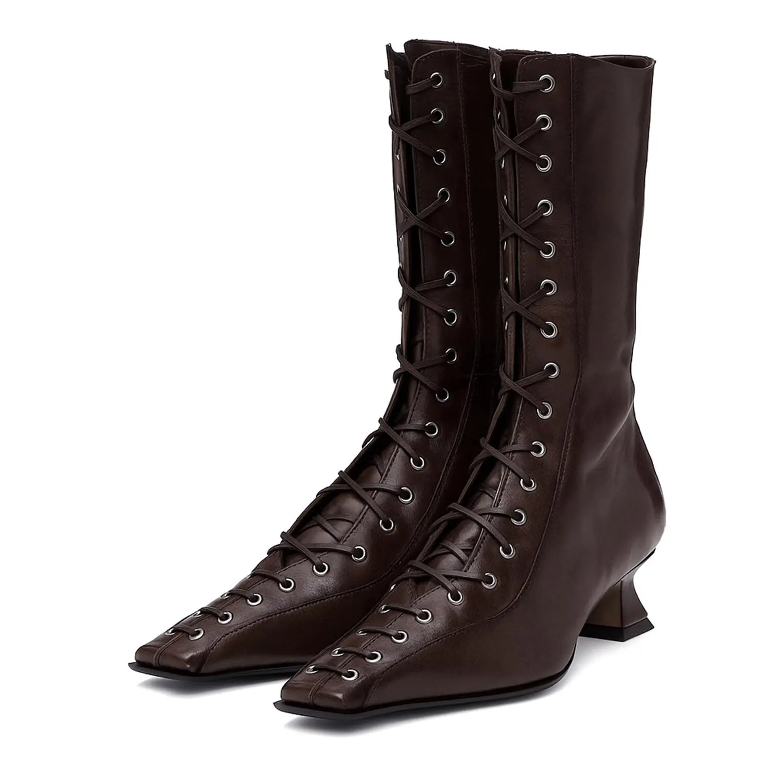 Women's Retro Mid-Calf Lace Up Boots, Classic Faux Leather Victorian Style with Square Toe, Cuban Heel, Side Zipper, Wide Calf Fit, Lace Up Boot, Plain, Party
