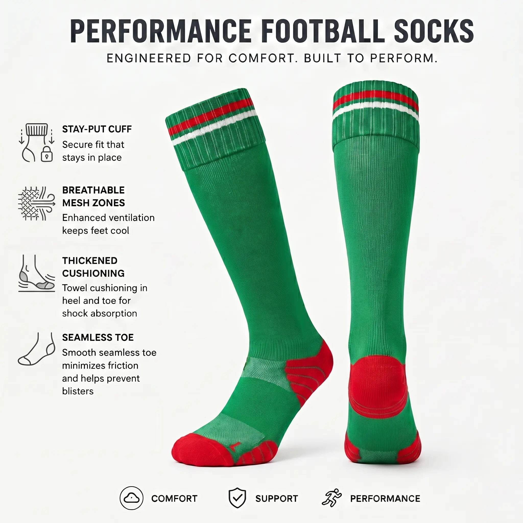 JUPICHUBI Portuguese-Inspired Green & Red Pro Soccer Socks for Match Day Cushioned Grip Football Socks for Global Tournament Fans Breathable Knee High Sports Socks Seamless Toe