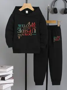 Children's Stranger Things Themed Products, Unisex design, Welcome To The Upside Down Printed Set, Spring/Autumn New Style Hooded Sweatshirts, Hoodies, Casual, Comfortable, Suitable For Daily Use And Outdoor Activities, Ideal Gift Choice
