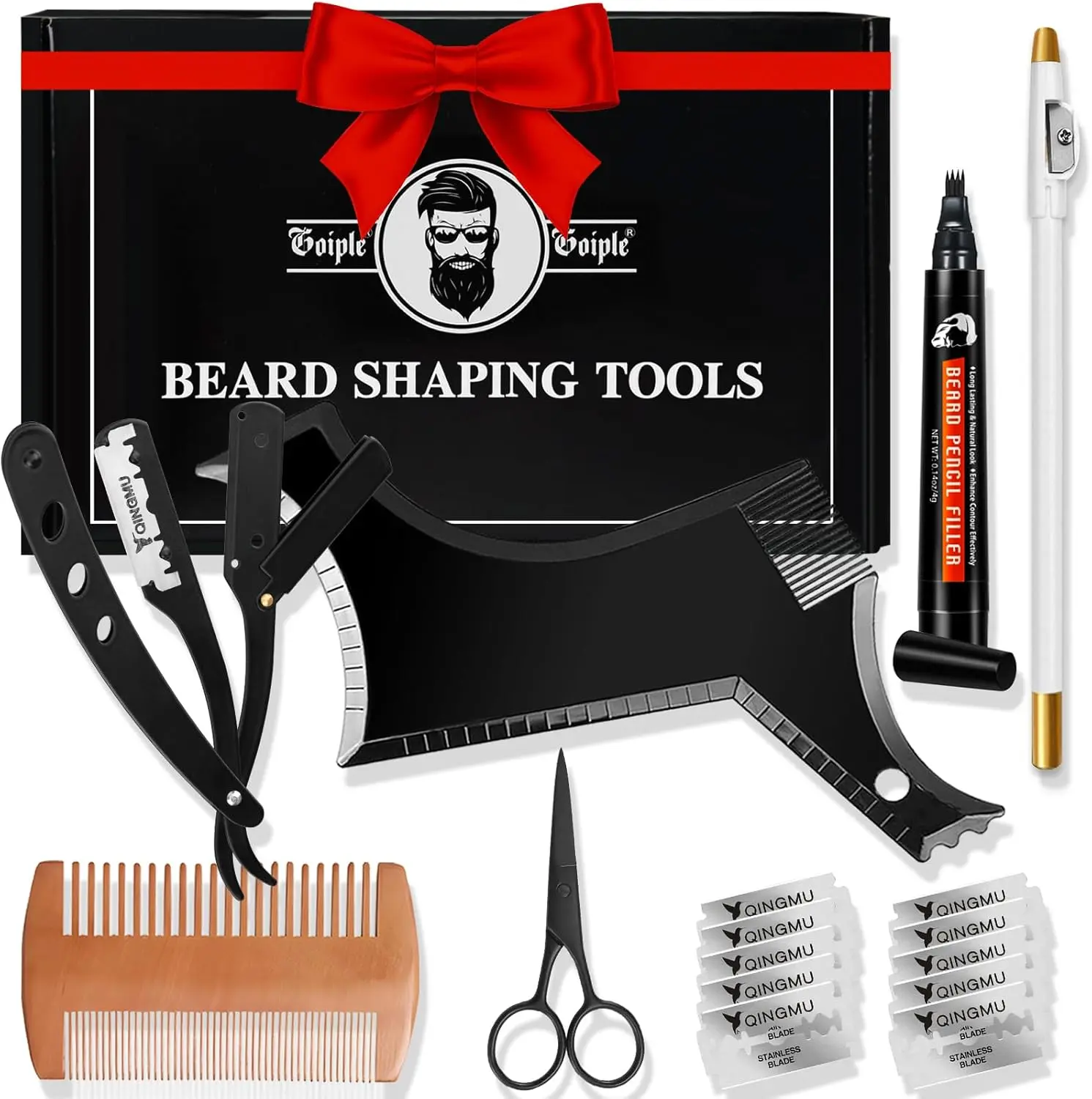 Beard Shaper for Men Beard Shaping Tools - Gifts for Men Beard Template Guide, Straight Edge Razor, 10 PCS Double Edge Blade, Barber Pencil, Beard Comb, Stainless Steel Scissor Mustache Lineup Tools