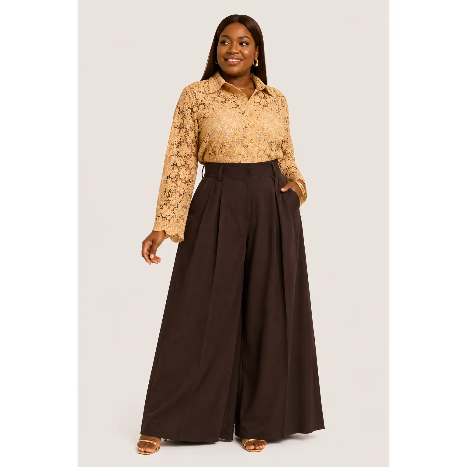 Lace Shirt and Wide Leg Pants Set Plus Size Gold Lace Blouse and Brown Crepe Palazzo Pants Two Piece Work Occasion Smart Casual Set Women