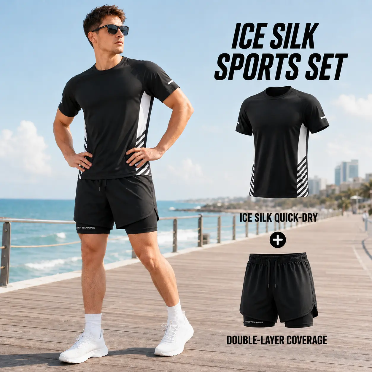 Male Plain 2-Piece Polyester Activewear Set - Lightweight, Breathable, Quick-Dry Short-Sleeve Training Shirt & 2-in-1 Athletic Shorts with Compression Liner Pocket, Drawstring Elastic Waist, Machine Washable for Gym, Running