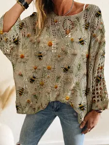 Women's Butterfly Floral Pattern Knit Top, Loose-Fitting Long Sleeve Sweater, Casual Elegant Vacation Style, Spring Summer Fashion, Bee