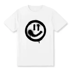 Dripping Smiley Face Graffiti Graphic T-Shirt for Men Women, Black Spray Paint Streetwear Tee, Casual White Short Sleeve Top, Grunge Y2K Hip Hop Skate Aesthetic Shirt