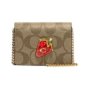 COACH Mini Leather Crossbody Bag with Metal Strawberry Flip-Top for Women in Brown and Red