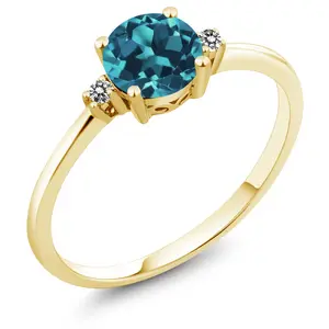 Gem Stone King 10K Yellow Gold London Blue Topaz and White Diamond Solitaire Engagement Ring For Women (0.78 Cttw, Round 6MM, Gemstone November Birthstone)