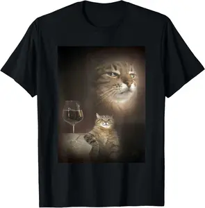 100% Cotton Wine Glass Cat Mood Artwork T-Shirt