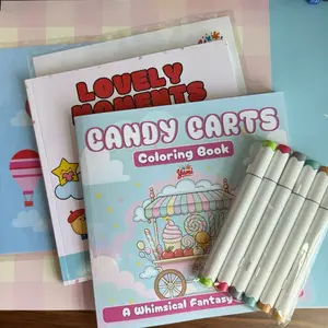 Pink Bundle - 2 Coloring Books. Lovely Moments and Candy Carts with 6 Calliart Alcohol Markers and two protective sheets.