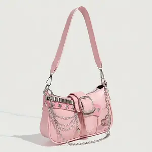 Y2K Style Small Shoulder Bag for Women, Pastel Pink PU Chain Bag with Magnetic Closure, Punk-Inspired Fashion Purse