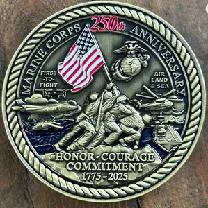 USMC 250th Anniversary Challenge Coin 2.5 Inch Marine Corps Commemorative in Durable Metal Veteran Gift Military Collectible 63.5 mm Diameter 5mm Thickness Weight 4.2 ounces (119 grams) made in the USA.