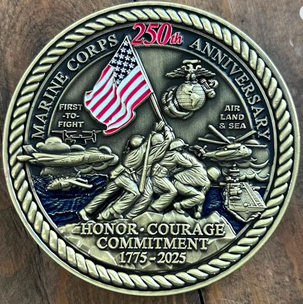 USMC 250th Anniversary Challenge Coin 2.5 Inch Marine Corps Commemorative in Durable Metal Veteran Gift Military Collectible 63.5 mm Diameter 5mm Thickness Weight 4.2 ounces (119 grams) made in the USA.
