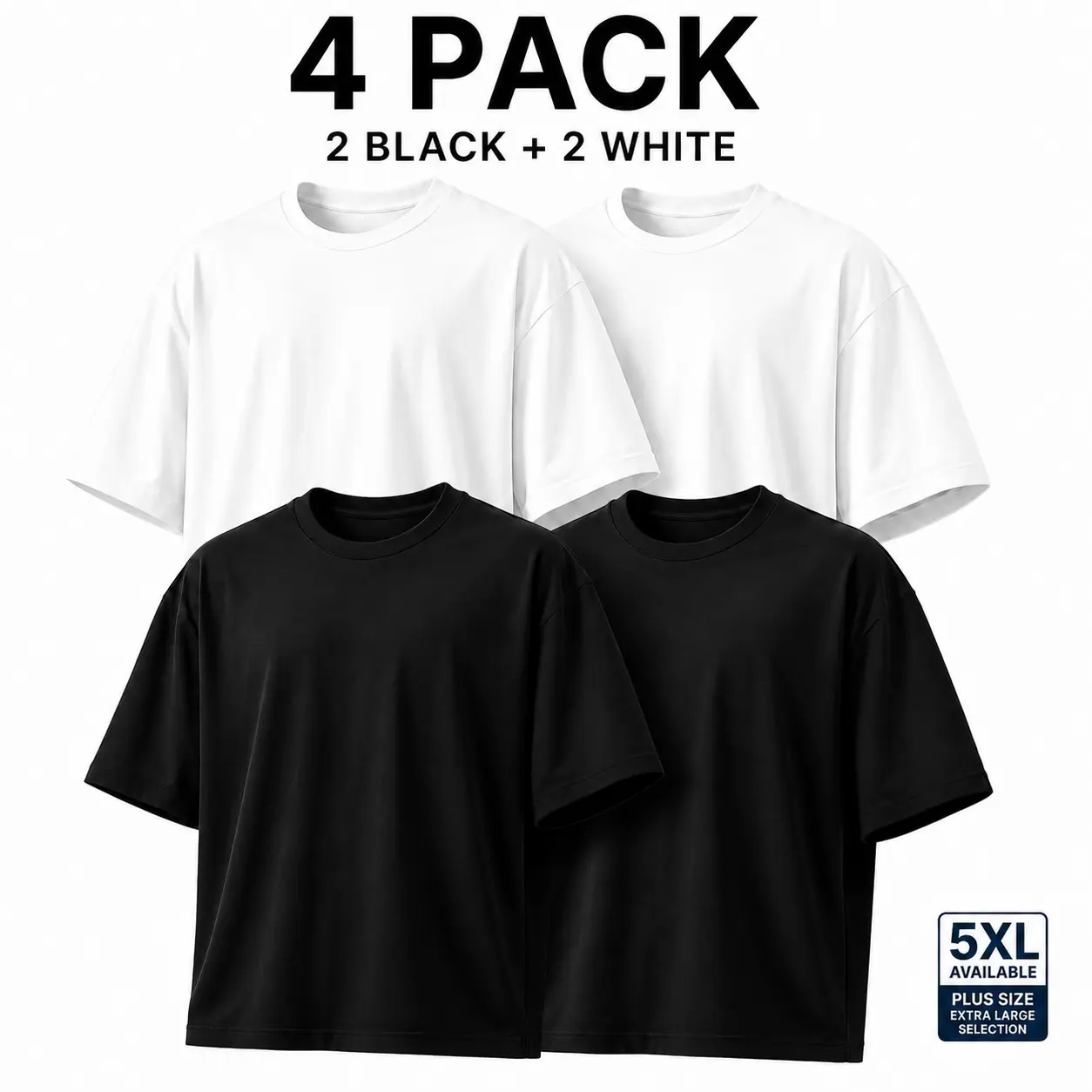 Men’s & Women’s Cotton Crew Neck T-Shirts, 4-Pack with 2 Black & 2 White, Unisex Short Sleeve Basic Tees, Oversized Casual Tops in 5XL Plus Size for Everyday Wear, Layering, Minimalist Streetwear and Classic Outfits