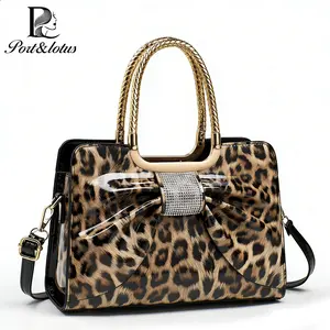 Port&Lotus Light Luxury Handbag Medium Capacity Glamorous Leopard-Print Satchel Bag for Women with Oversized Rhinestone-Embellished Bow & Braided Gold-Tone Handle